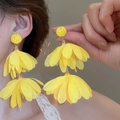 Detailed close-up of yellow raffia chiffon flower earrings with layered fabric petals - 88# Steel Needle - Yellow