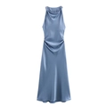 Elegante vestido midi de satén azul con cuello desbocado y detalles plisados laterales - XS / Azul grisáceo