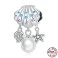 Pendentif en argent 925 forme coquillage avec zircons bleus, étoile de mer et perle - Charm Série Océan Coquillage Étoile de Mer(BSC606)