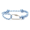 Detail of blue RPET braided rope bracelet with a silver metal carabiner clip fastener - No. 39 Blue with Black Patterns