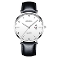 Men's minimalist silver quartz watch with white dial and black textured leather strap - White Dial Silver Case Black Leather Strap