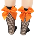 Detail of black fishnet ankle socks featuring a large decorative orange satin bow on the back - One Size (Parent-Child) / Black Fishnet / Orange Bow