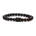 Scorpio zodiac stretch bracelet with black agate beads and tiger eye stone on white background - Capricorn