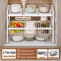 White metal 2-tier expandable under sink organizer with sliding baskets and adjustable shelves - Double Tier 3 Boards 3 Baskets / Classic White