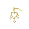 Detailed close-up of golden heart-shaped nose stud with white zircons and three crystal drops - Heart Triple Dangle Style (24032801-3)