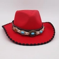 Red felt western jazz hat with blue turquoise stones and vintage ethnic style strap - One Size / Red Black Edge (Blue Yellow Belt)