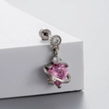 Silver titanium steel ear stud with pink heart gemstone and sparkling star pendant - Pink Heart Planet Style (A26-4#)