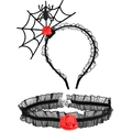Detailed set of Halloween spider web rose headband and black lace rose choker - 12# Black Red Rose Set