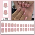 Detail view of pink French press-on nails Y-302 with gold lines and white hearts - Pink French Gold Line White Heart (Y-302)