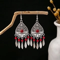 Bohemian silver drop earrings with red stones and vintage ethnic leaf tassels - E4442 Red Teardrop Hollow