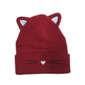 Cute dark red knit beanie featuring cat ears and cat face embroidery for winter warmth - Burgundy