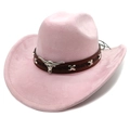 Pink suede western cowboy hat with leather band and silver metal bull head ornament - M (56-58cm) / Deep Pink