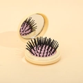 Portable round folding hairbrush with mirror in beige and pink color combination - Yellow+Black