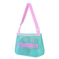 Turquoise mesh beach bag with pink straps and Summer print for kids' toy storage - SUMMER Green with Pink Strap