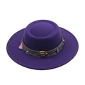 Detail of purple felt wide brim hat with ethnic woven band, turquoise and tassels - M (56-58cm) / Purple