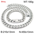 Silver stainless steel Miami Cuban link chain set with 13mm bracelet and necklace - Style C (13mm) / Bracelet 21cm + Necklace 45cm / Steel