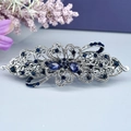 Vintage silver hair clip with deep blue rhinestone flowers and butterfly carvings - Moon Shadow