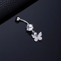 Macro detail of silver butterfly belly ring with sparkling zircon tassels on black surface - One Large Zircon Butterfly Silver