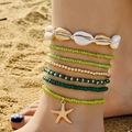 Boheemse meerlaagse enkelbandjes set met witte schelpen en gouden zeester hanger - Enkelbandje Set / Groen Enkelband Set