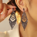 Elegant black rhinestone long fringe tassel earrings for women in geometric design - Black