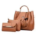 Three-piece women's brown leather tote bag set with tassels and metal chain strap - Tan