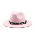 Detail of pink wool fedora featuring black band with turquoise stones and silver rivets - M (56-58cm) / Pink