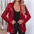Detailed close-up of shiny red sequin texture on long sleeve party blazer jacket - S / Tops / Red