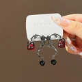 Black thorny vine earrings with red rose buds and heart charms for a gothic look - E3283/Black Rose Heart