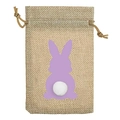 Detail of burlap Easter bag with purple rabbit silhouette and white plush tail pompom - 10*14 / Purple Rabbit
