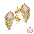 S925 sterling silver gold feather earrings with white opal and zircon accents - Opal Feather Stud - Gold