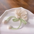 Creamy satin scrunchie with green silk ribbon and delicate white tulip charms - Pearl Beige Hair Tie