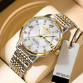 Mens business watch with silver gold steel band and white dial with luminous day date - Gold Steel Strap White Dial