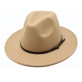 Classic khaki wide brim wool fedora hat with black leather buckle band accessory - M (56-58cm) / Camel