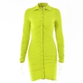 Detail of neon green long sleeve mini dress with button closure and ruched fabric texture - M / Fluorescent Green