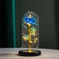 Enchanted blue gold foil rose in glass dome with LED lights on a black base - Blue Rose (Warm Light) + Pink Gift Box