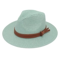 Detail of mint green straw fedora featuring a brown faux leather band and metal rivets - Mint Green