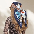 Blue paisley silk-like hijab square scarf with orange floral pattern 90x90cm - S204 Navy