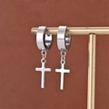 Unisex stainless steel cross drop hoop earrings in polished silver finish displayed on stand - Steel (A-1)
