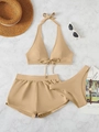 Three-piece earth tone striped swimwear set with halter bikini top and sports shorts - S / Apricot