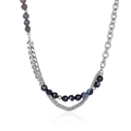 Double-layered titanium steel necklace with natural stones in silver and dark navy beads - Chain Length 50+5cm / Silver Necklace (Dark Blue Natural Stone)