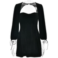 Eng anliegendes schwarzes Samt-Minikleid mit Cut-Out-Viereckausschnitt und Schnürärmeln - S / Schwarz