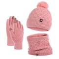 Pink winter knit set with pom-pom beanie, infinity scarf, and touchscreen gloves - Pink