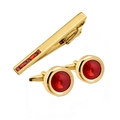 Men's gold business suit set with red crystal cufflinks and matching tie clip - Set / Gold/Red Zirconia