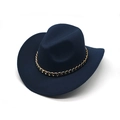 Detail of navy blue felt cowboy hat with upturned brim and gold chain band ornament - M (56-58cm) / Navy Blue