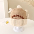 Winter knit dinosaur hat for kids with ear protection and warm thick color block fleece - 3-6 Years / Beige