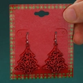 Sparkly red Christmas tree earrings with glitter finish on festive snowflake card - Red Glitter Tree (11047)
