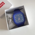 Close-up of blue square quartz watch with silicone strap and metal tag in gift box - Watch Only / Klein Blue Blue Dial