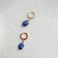 Golden titanium steel hoop earrings featuring blue textured natural stone drops - White Blue Spotted Oval Gold