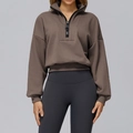 Brown half-zip standing collar sweatshirt in heavy cotton blend with drop shoulder cut - S / Cocoa Brown