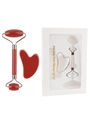 Red facial roller and heart-shaped gua sha set with premium anti-aging gift box - 2-Piece Resin Roller Red + Gift Box